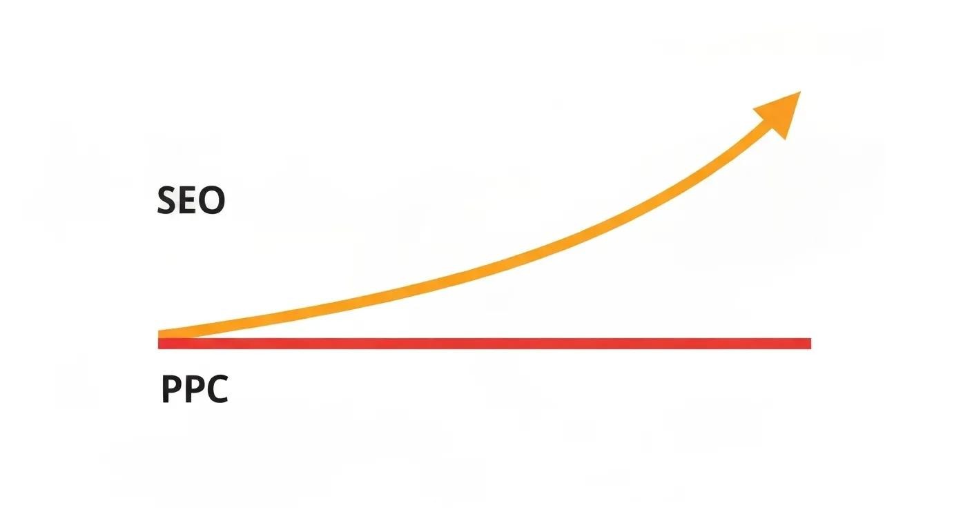 Illustration of two growth lines, one steady for SEO and one flat for PPC.
