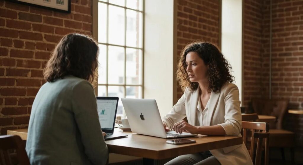 Small business owner engaging in a LinkedIn group discussion at a coffee shop