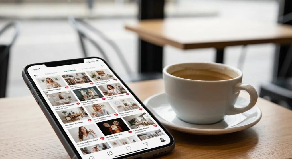 Collection of visually appealing Pinterest pins displayed on a smartphone at a café table