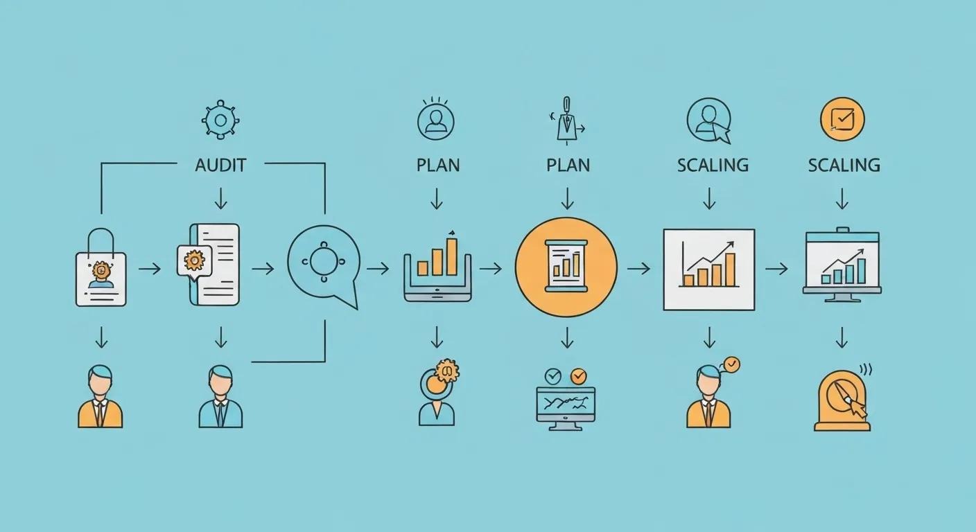 Illustration of a multi-step plan with stages from an audit icon to one that represents scaling. No text or labels, only icons.
