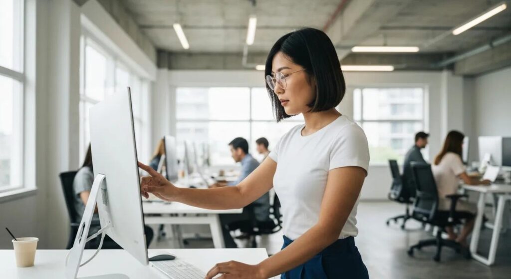 Person analyzing CRM data quality on a computer screen in a bright office environment