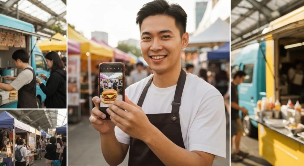 Small business owner filming an Instagram Reel in a lively market setting