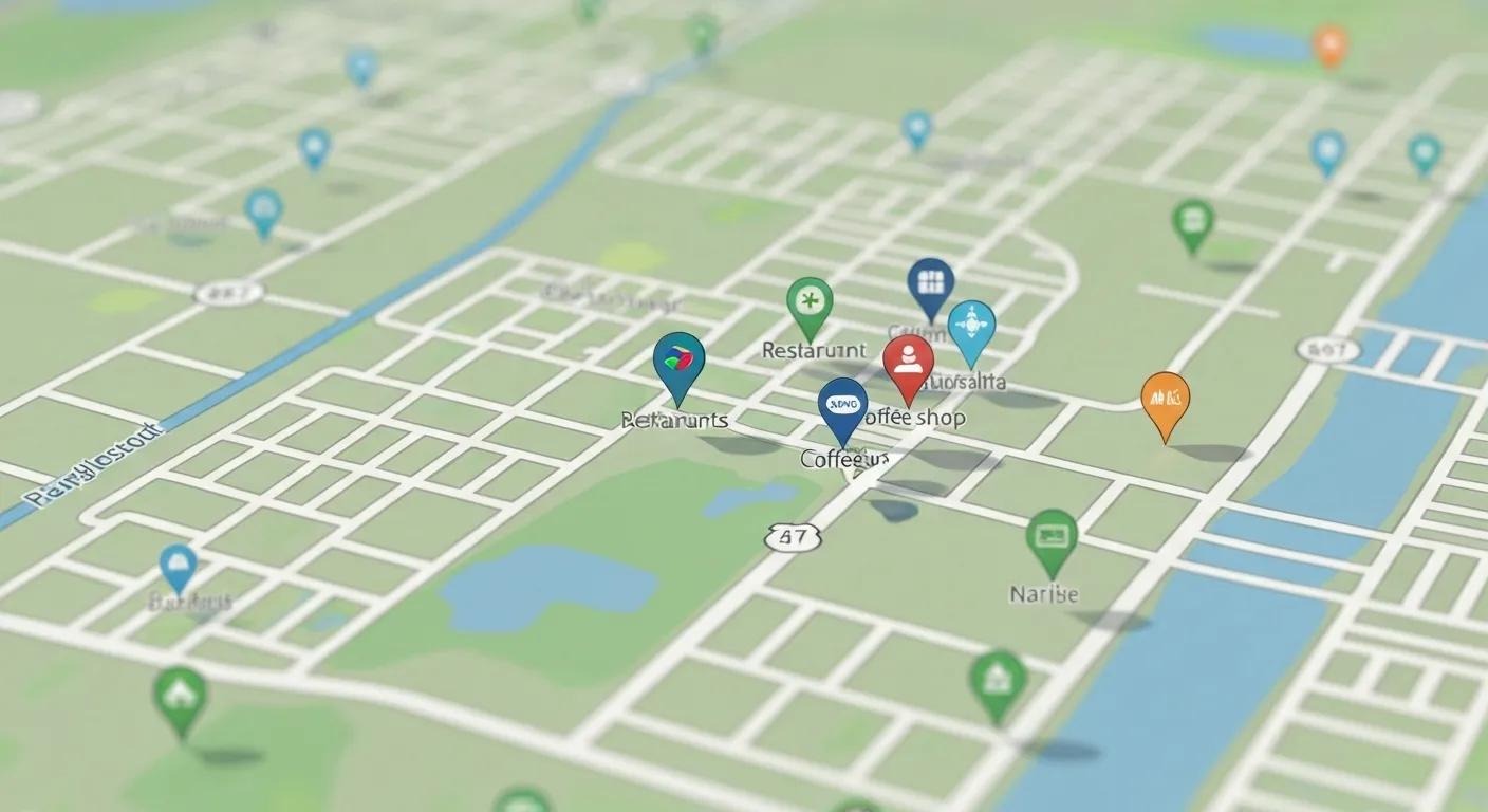 Image of a digital map with a local business pin and nearby markers.