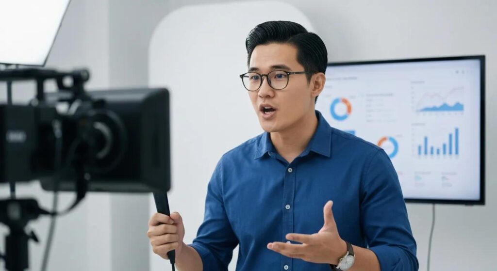 A person filming a video in a studio, emphasizing the importance of video content for driving website traffic