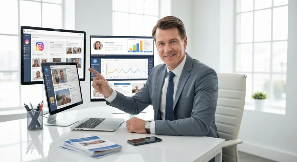 Small business owner interacting with various marketing channels in a modern office space