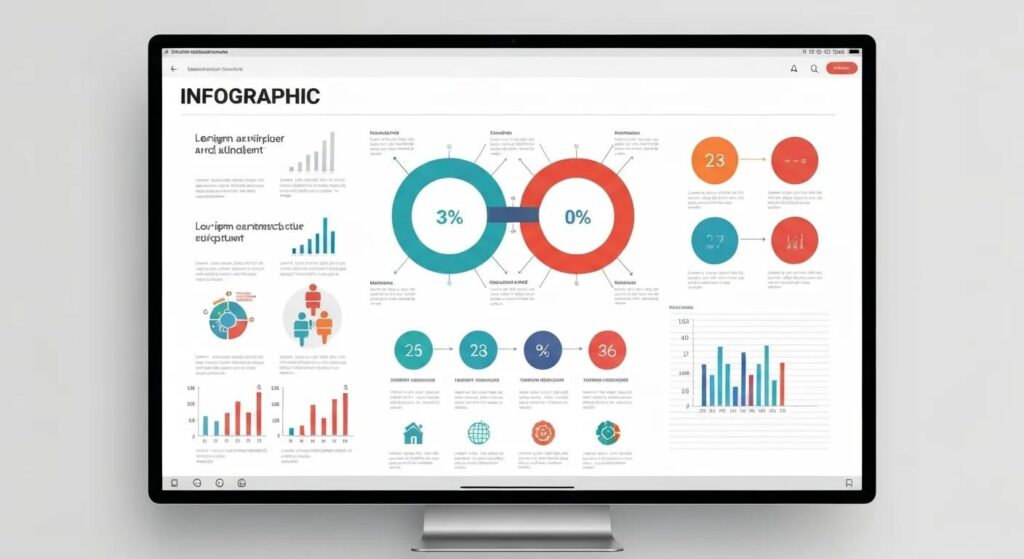 A vibrant infographic displayed on a screen, demonstrating how complex data is simplified for better audience engagement
