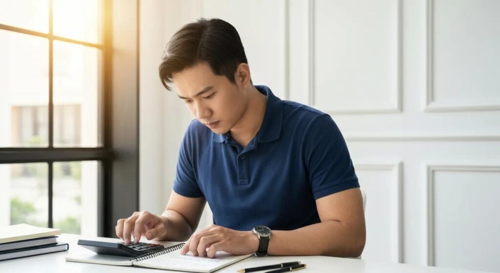Small business owner using a calculator and notepad to determine their advertising budget