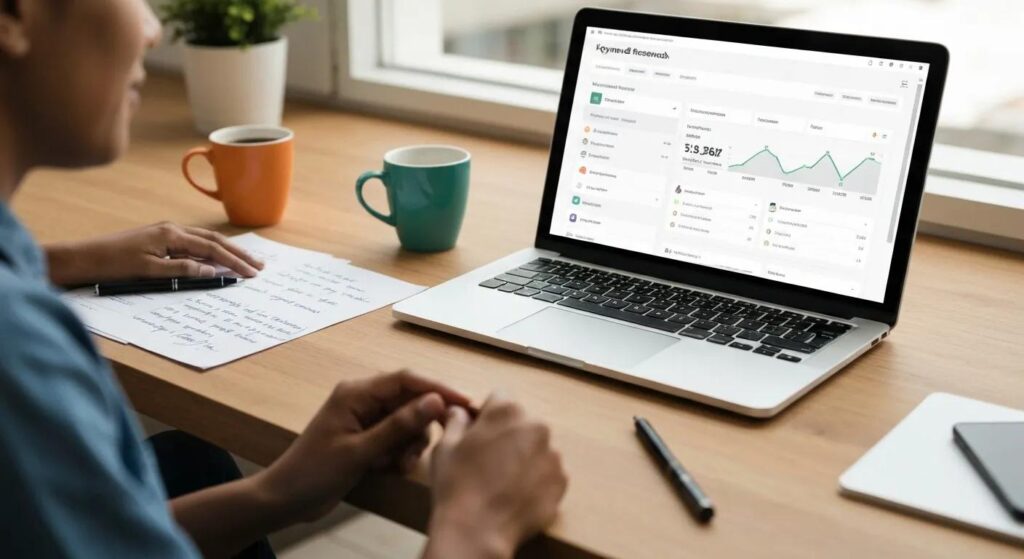 Laptop screen showing keyword research tool with notes and coffee cups on a desk