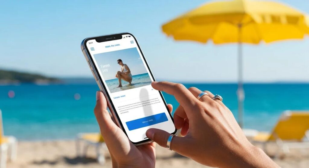 A hand smoothly navigating a well-designed, user-friendly mobile website in a relaxed outdoor setting - responsive design for small businesses