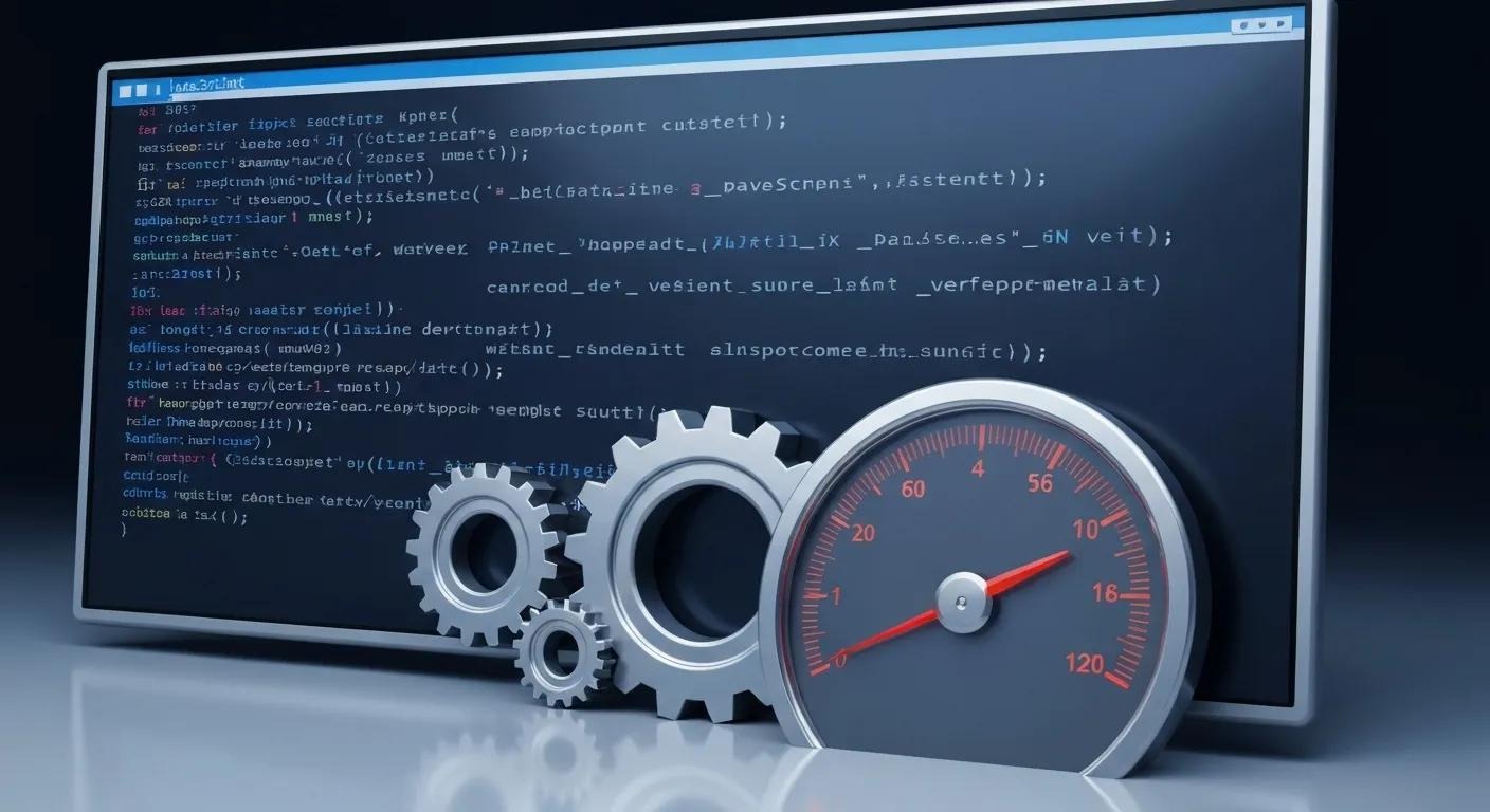 Image of website code, gears, and a speedometer for site performance.