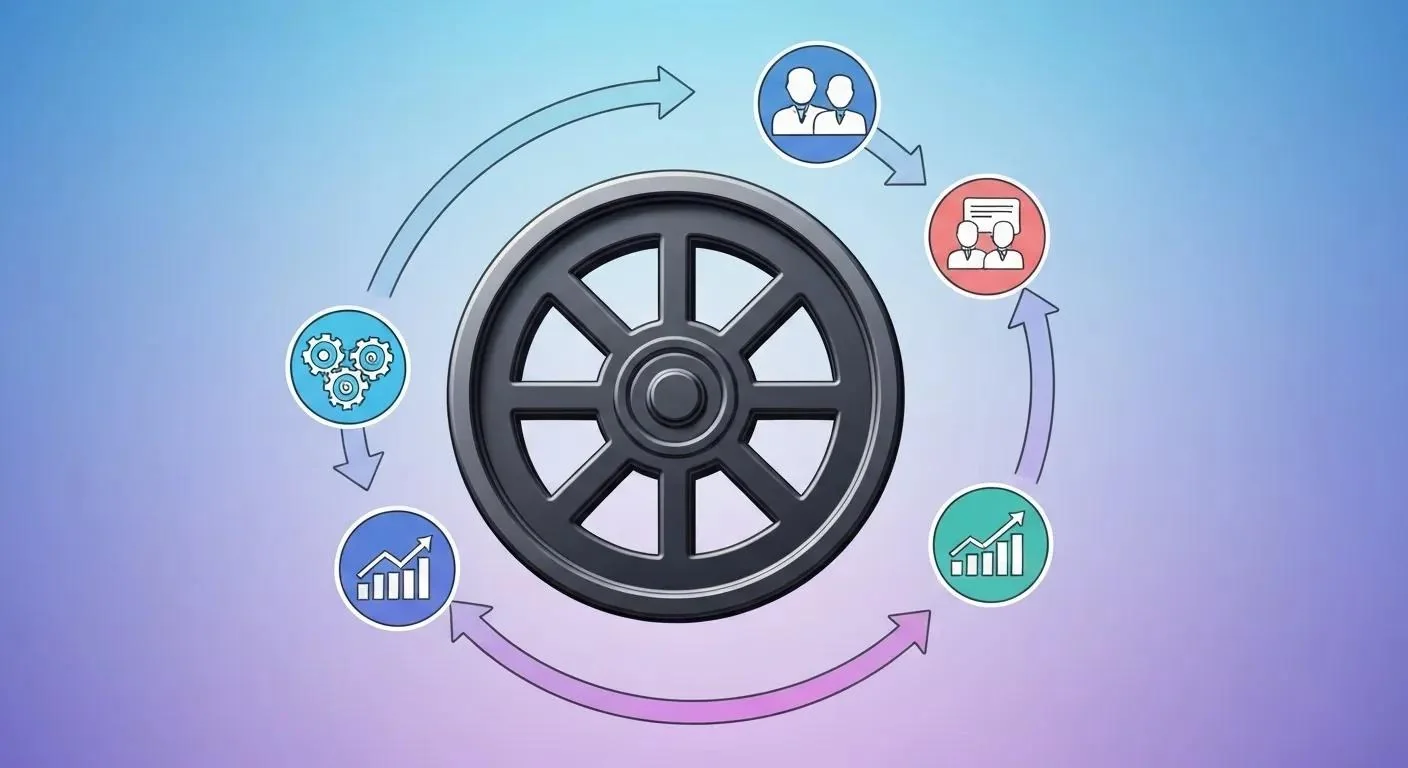 Illustration of a flywheel with arrows circling around icons for content, engagement, optimization, and growth, symbolizing momentum.