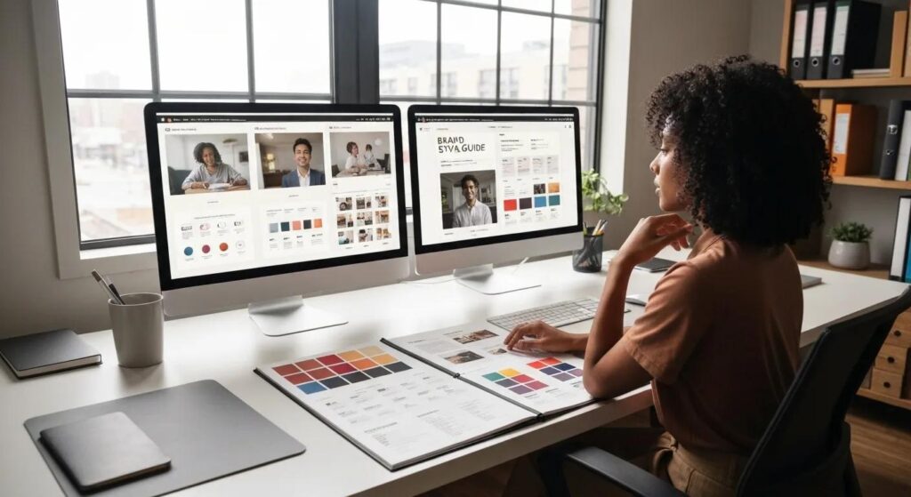 A designer's desk with a brand style guide open, showing consistent color palettes, typography, and logo usage across digital mockups, symbolizing brand consistency