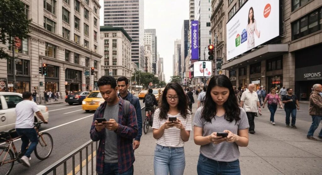 People interacting with ads on their phones in a city environment