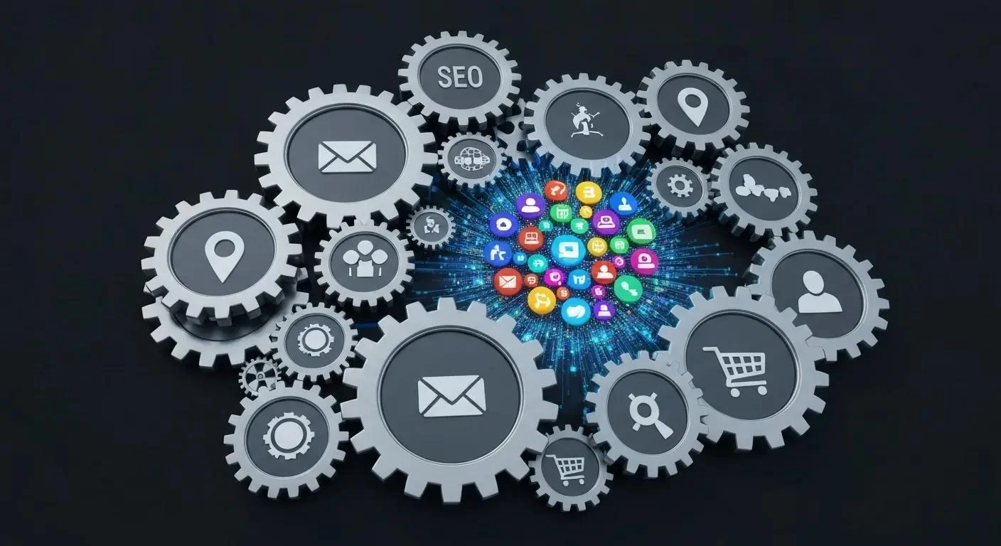 Image of interlocking gears labeled with icons for email, SEO, shopping cart, and location pins, all connected to a central hub of social media icons.
