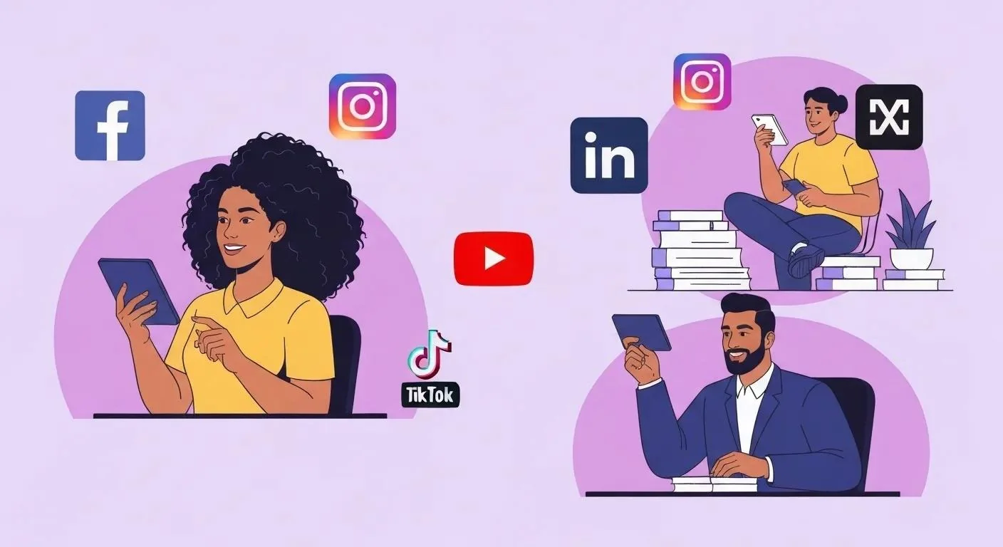 Illustration of small business owners using different social media platforms with icons for Facebook, Instagram, LinkedIn, TikTok, YouTube, and X, representing growth and engagement.