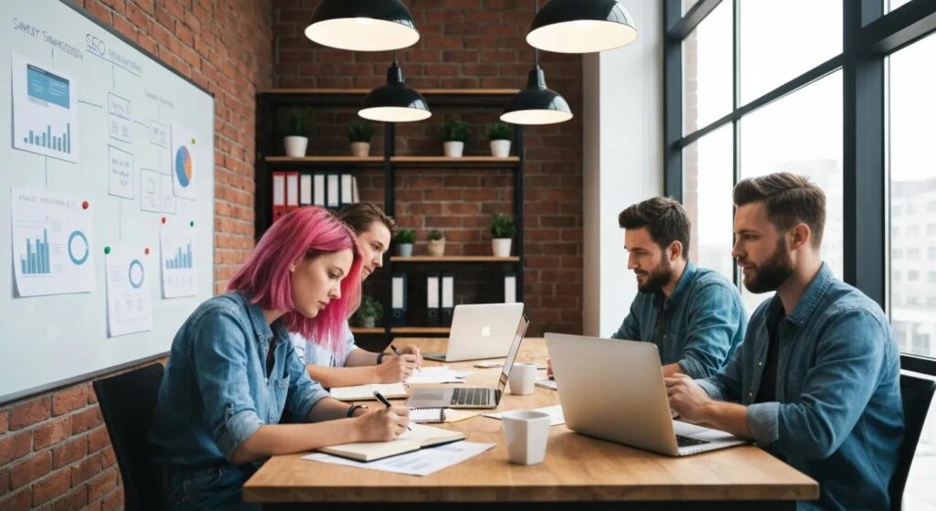 Small business team collaborating on SEO strategies in a modern office
