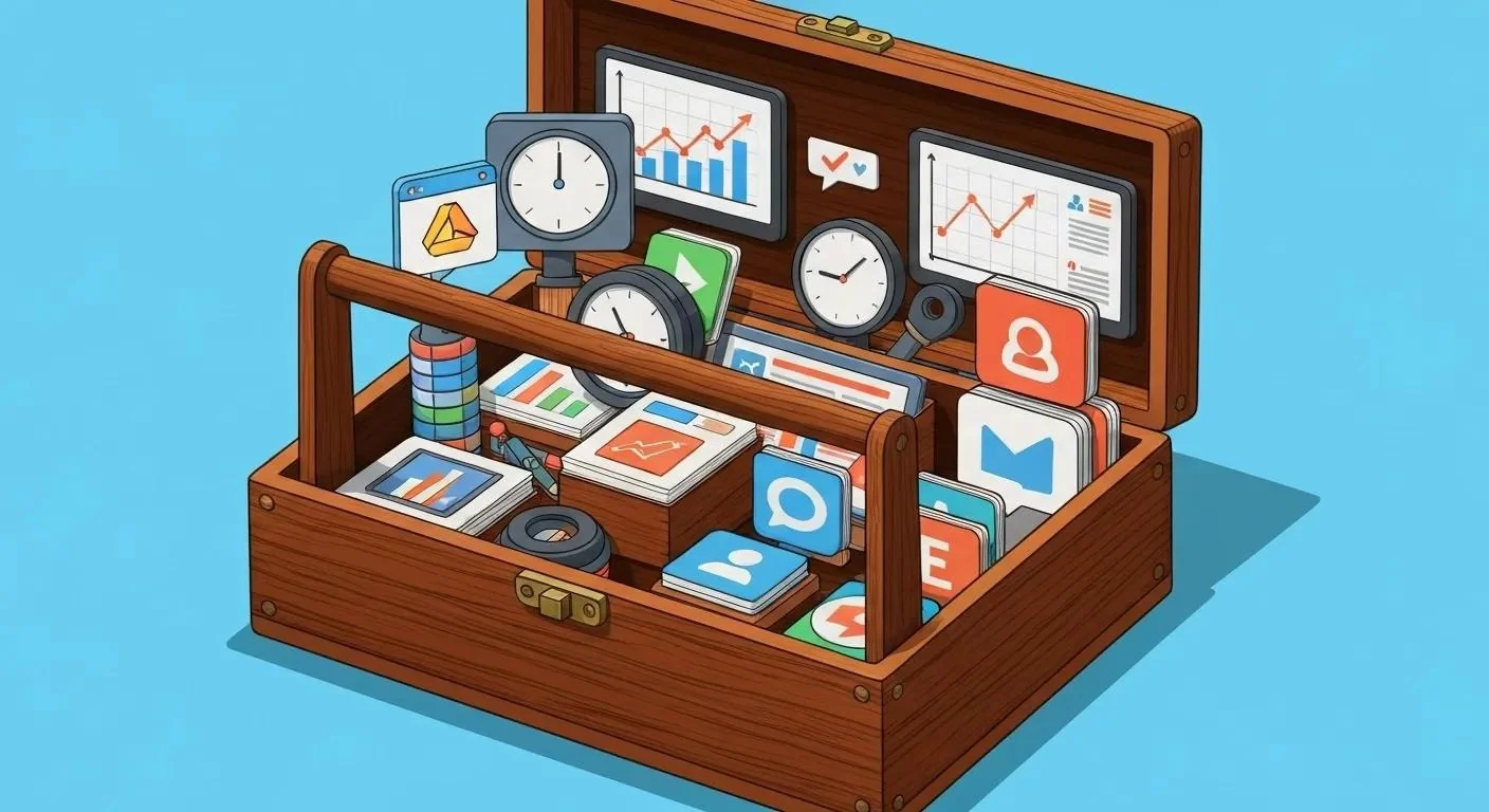 Illustration of an open toolbox filled with icons for design, analytics graphs, scheduling clocks, and social platforms.