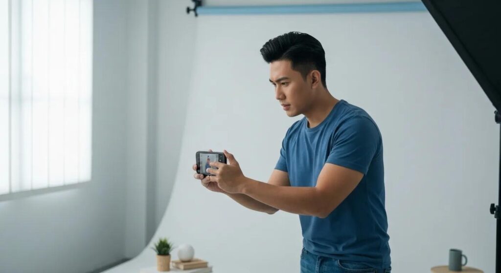 Entrepreneur filming creative low-cost marketing content with a smartphone in a small studio