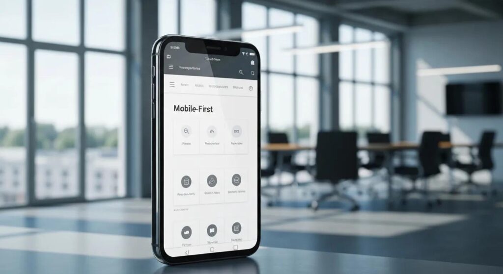 A sleek smartphone showcasing a mobile-first website layout in a modern office environment