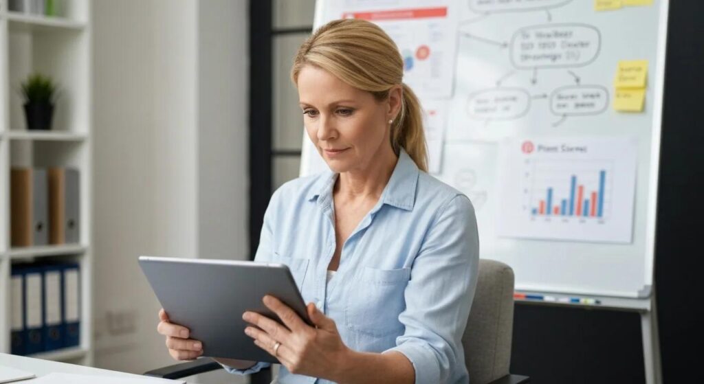 Person analyzing Pinterest SEO strategies on a tablet with a whiteboard in the background