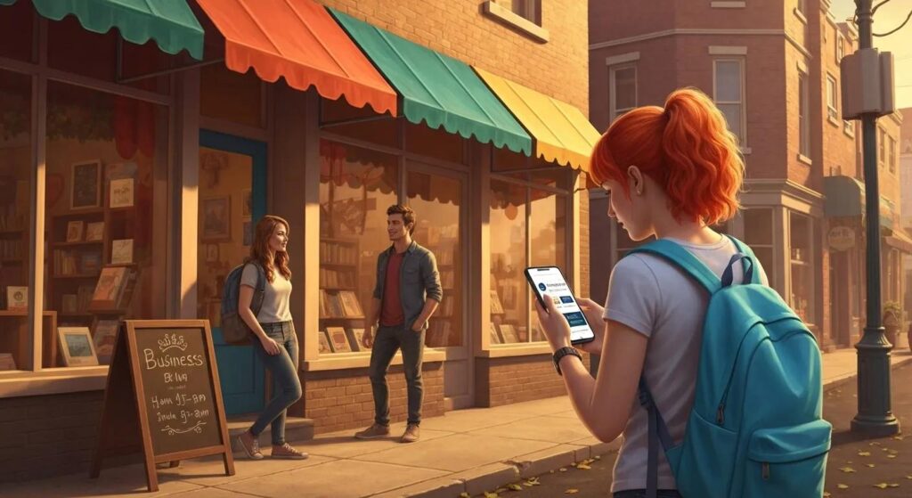 A small business storefront with customers nearby, and a smartphone displaying local SEO tools