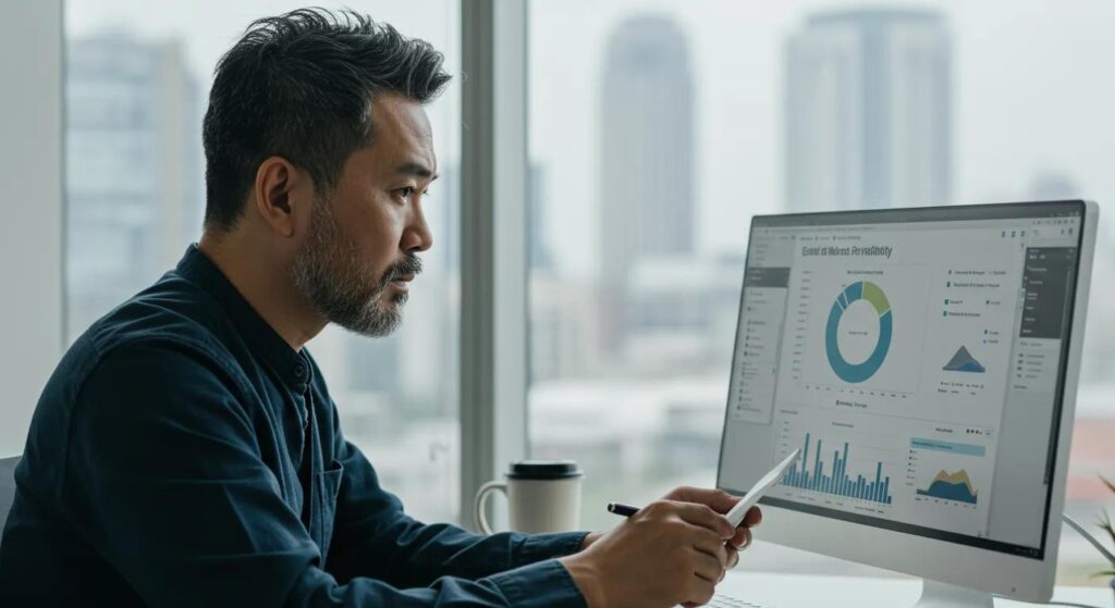 A person analyzing email deliverability metrics on a computer screen, focusing on inbox placement