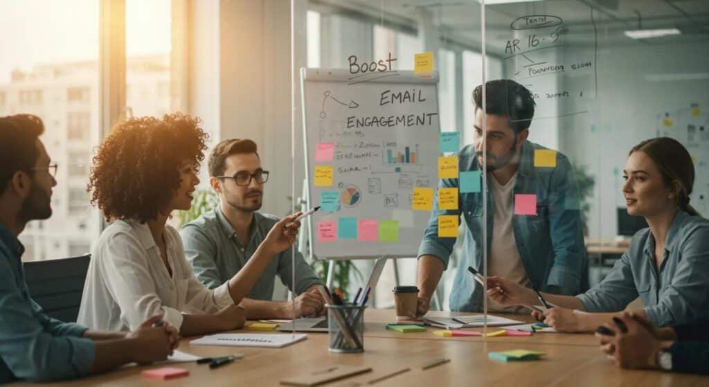A team brainstorming strategies to improve email engagement metrics around a modern office table