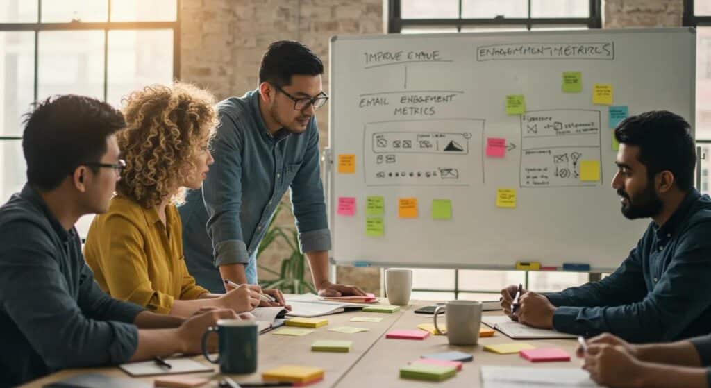 A team brainstorming strategies to improve email engagement metrics around a modern office table