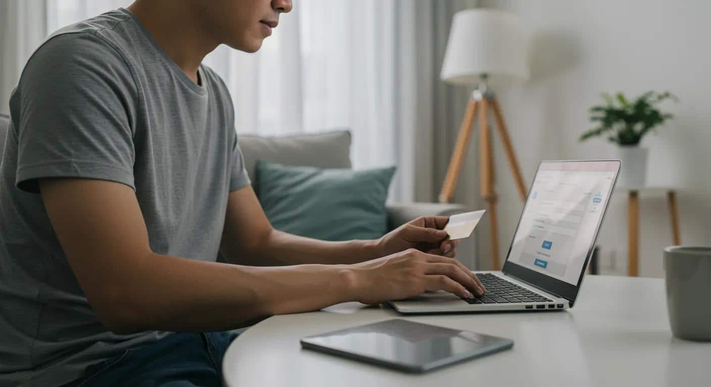 A person making an online payment using a laptop or smartphone.