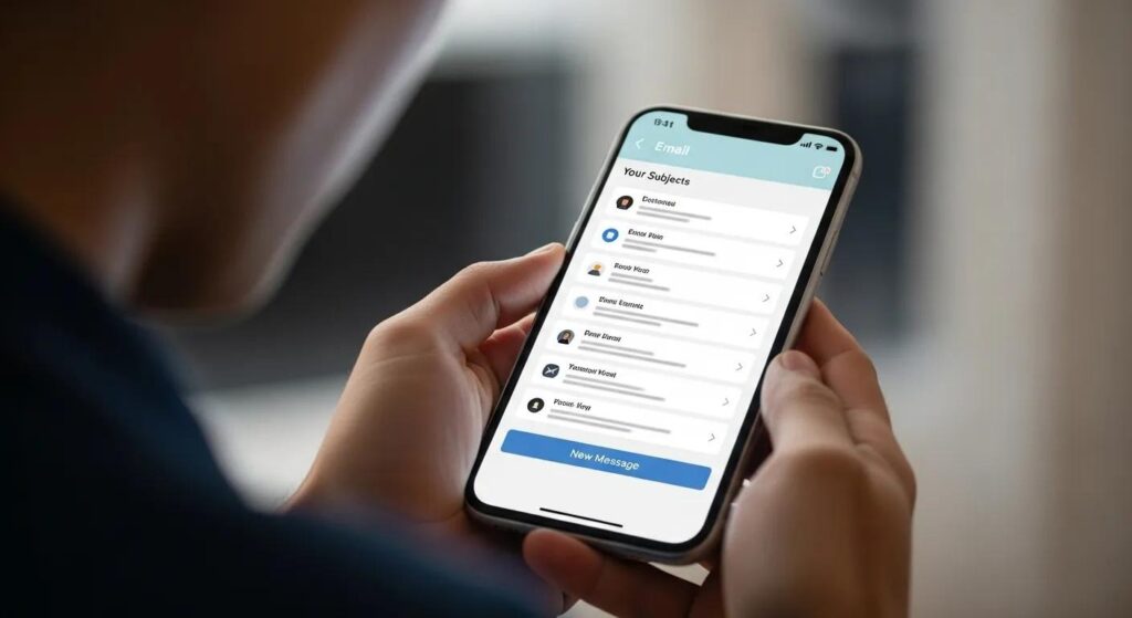 A person checking email on a smartphone with a clean, readable layout.