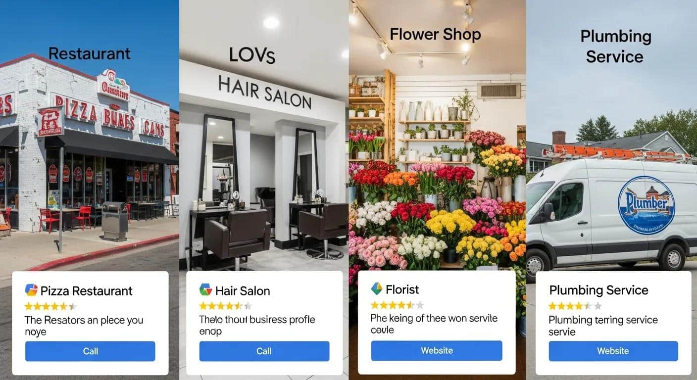 A comparison of different local businesses across industries, each optimized with distinct Google Business Profile categories to reflect tailored strategies.