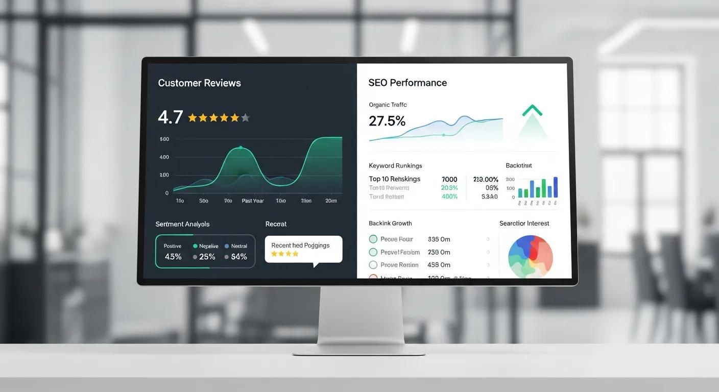 A small business marketing dashboard highlighting customer reviews and SEO performance metrics to represent advanced growth strategies.