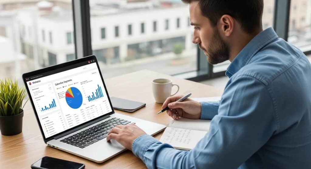 A marketer reviewing segmented subscriber groups on a laptop.