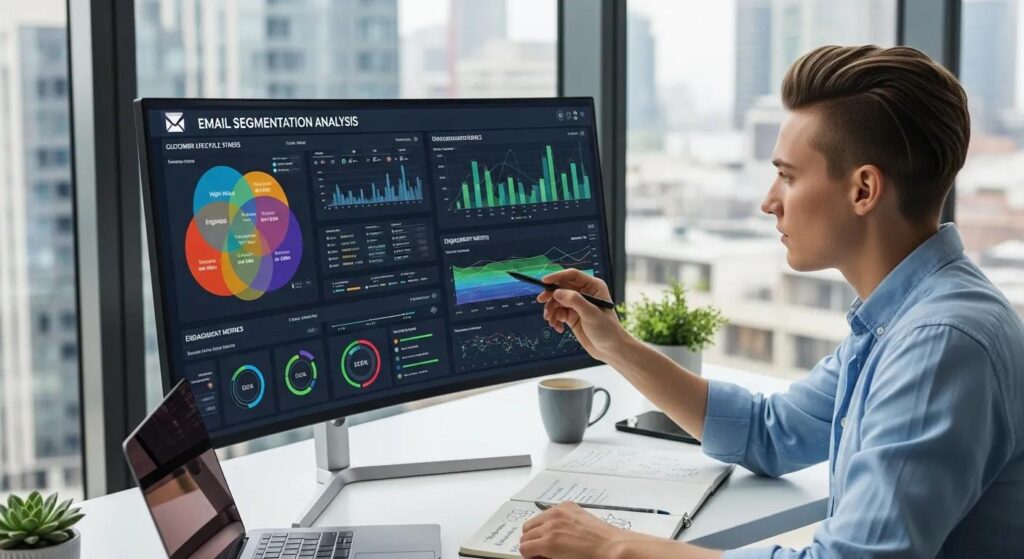 Marketer analyzing advanced email segmentation techniques and customer data
