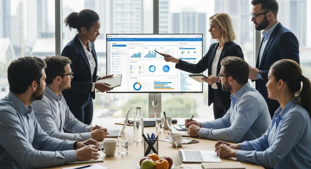 Small business team collaborating during a meeting about CRM software implementation strategies
