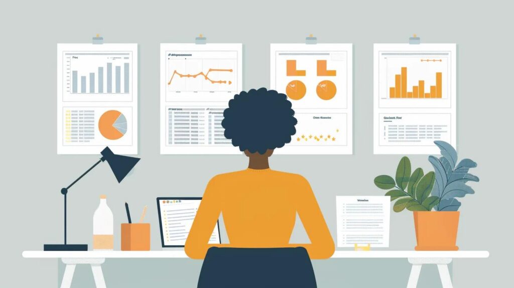 Small business owner reviewing customer feedback and SEO reports in a modern workspace, symbolizing trust and growth