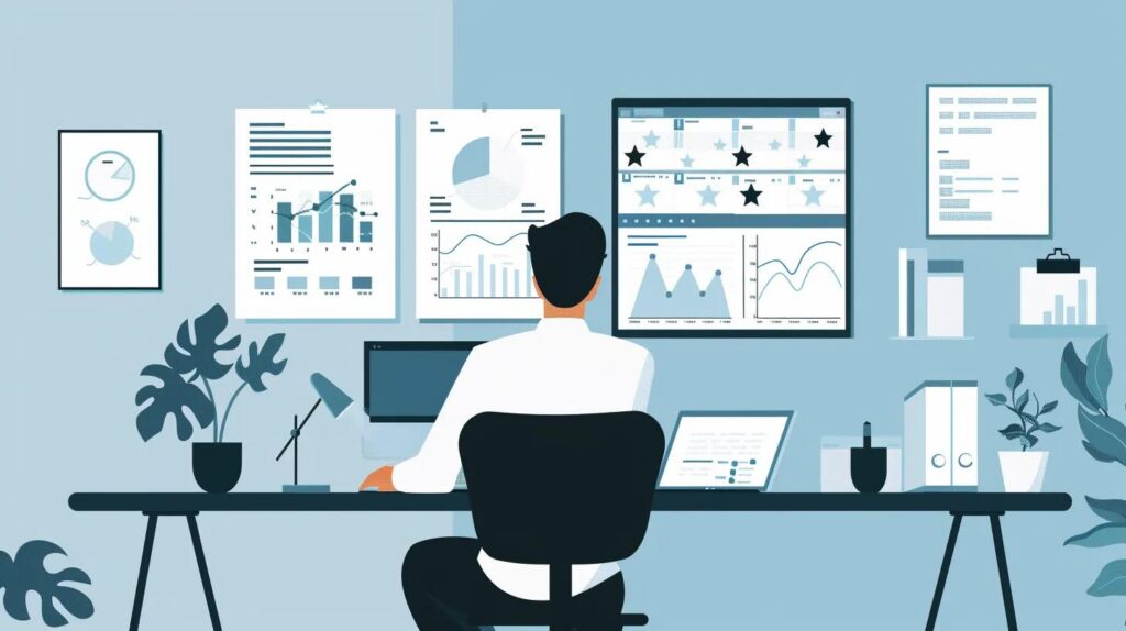 Small business owner reviewing customer feedback and analytics reports in a modern workspace, symbolizing trust and growth
