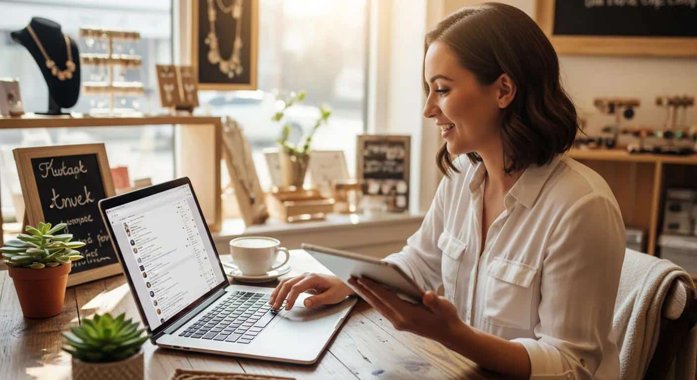 Small business male owner actively engaging with customers on social media, fostering loyalty and connection.