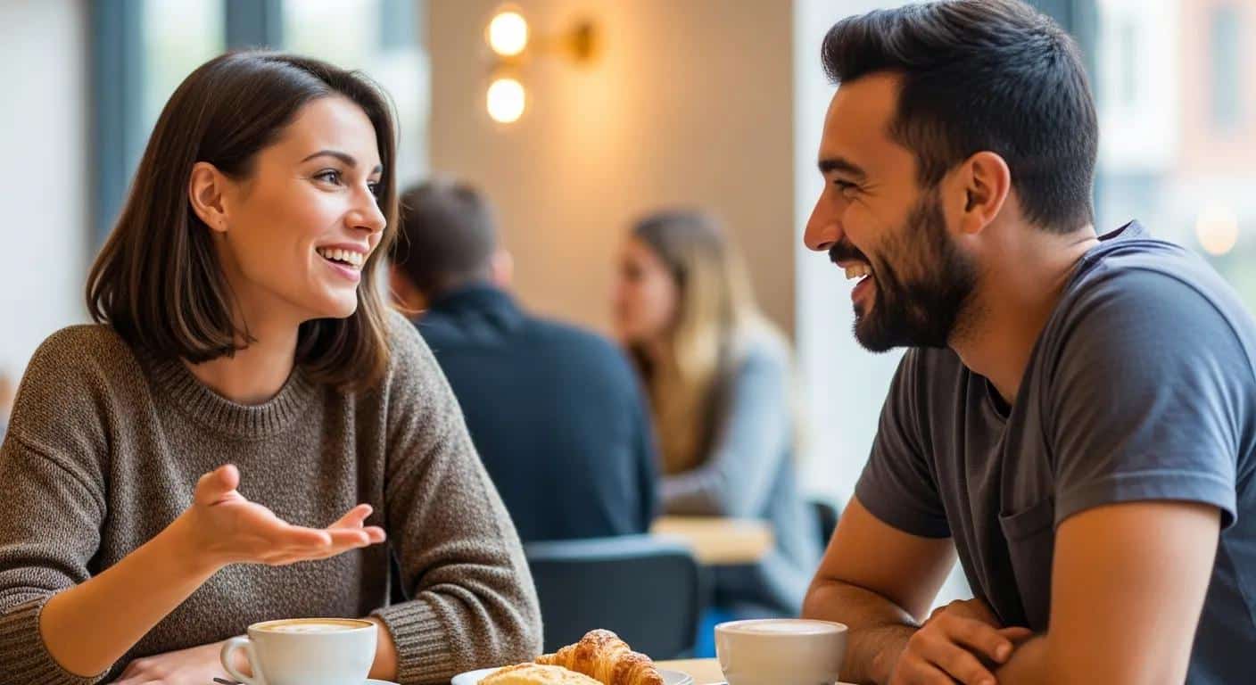 Two happy customers sharing a positive experience, showing the power of social proof in advertising.