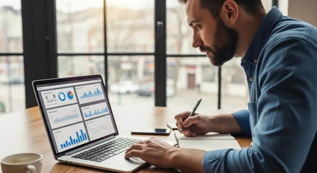 A small business owner reviewing digital advertising performance on a laptop.