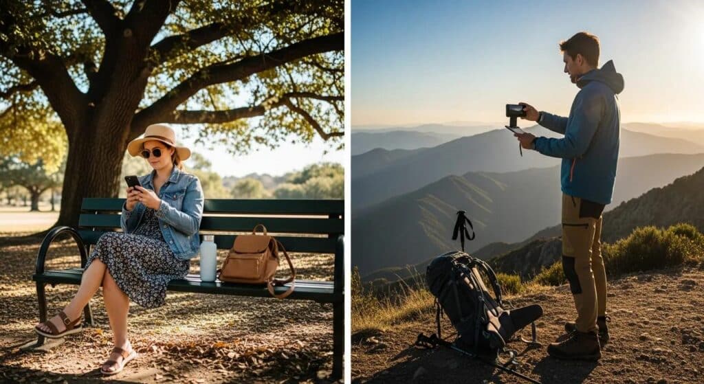 Two people enjoying their mobile experiences in outdoor environments.