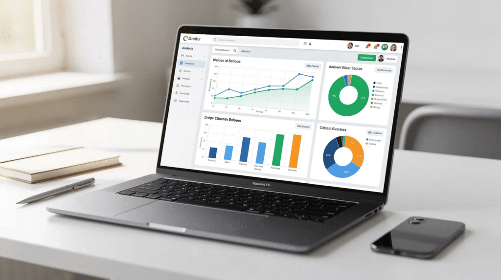 The image shows a laptop screen filled with colorful analytics charts and graphs, representing data crucial for digital marketing efforts. This visual emphasizes the importance of tracking website traffic and user behavior for small business owners aiming to enhance their online presence and achieve marketing goals.