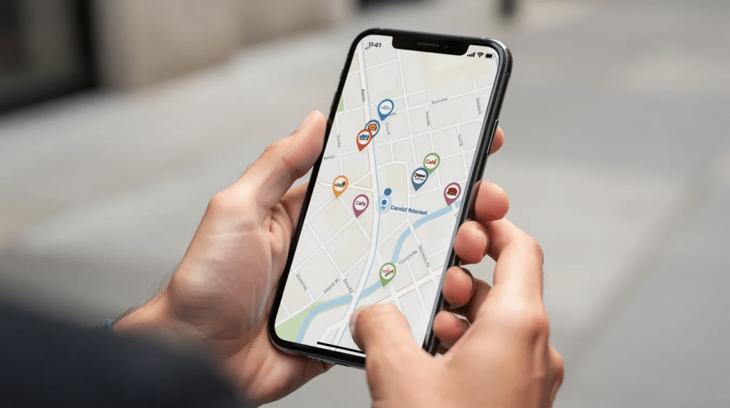 A person is holding a smartphone displaying a map with various local business pins, highlighting the importance of digital marketing for small businesses and their visibility in local searches. This image emphasizes the role of mobile technology in connecting potential customers with businesses through effective online marketing strategies.