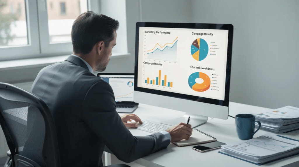 A small business owner is intently reviewing marketing data displayed on a computer monitor, analyzing key metrics related to their digital marketing efforts. The screen likely shows insights on website traffic, social media engagement, and paid advertising performance, essential for driving organic traffic and achieving business goals.