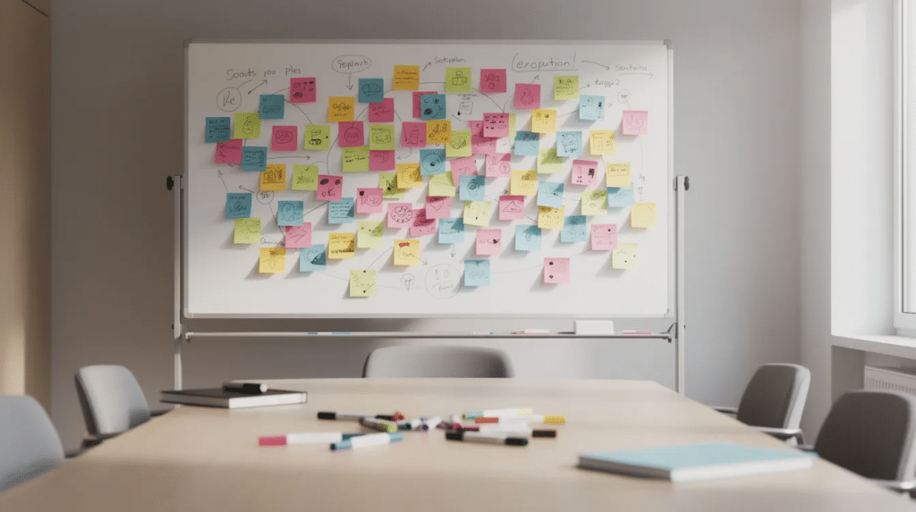 The image shows a whiteboard in an office meeting room, covered with colorful sticky notes that likely represent various ideas or strategies for conversion rate optimization. A set of markers rests on a table, suggesting an active brainstorming session focused on improving website performance and boosting conversions.