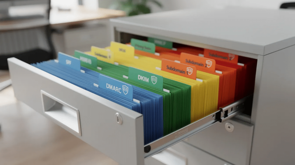 The image shows a well-organized filing cabinet filled with colorful file folders, each labeled to represent different aspects of email security practices, such as SPF records and email authentication protocols. This visual emphasizes the importance of organized email domain separation to prevent email spoofing and enhance domain reputation.