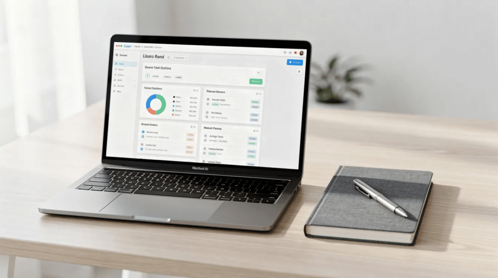 A laptop on a clean desk, accompanied by a notebook and pen, representing the organized recordkeeping local citations require: consistent business name, address, and phone number tracked and updated across directories.