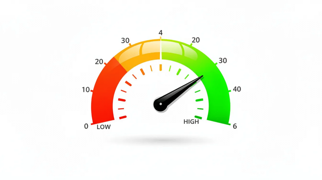 A thermometer-style gauge meter with a scale from low to high, symbolizing the domain-reputation boost a properly configured sender policy framework provides for a small business's email deliverability and trust.