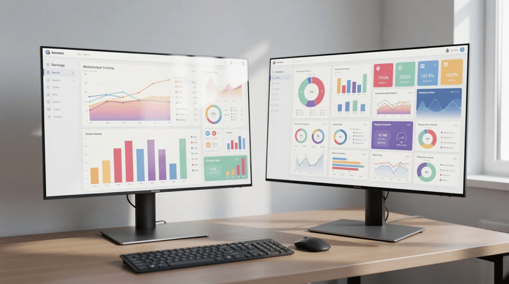 The image features two computer monitors on a desk, each displaying a dashboard filled with colorful graphs and charts that represent website traffic and engagement reports. This setup suggests the use of Google Analytics to track performance and gain actionable insights into user interactions across multiple websites.