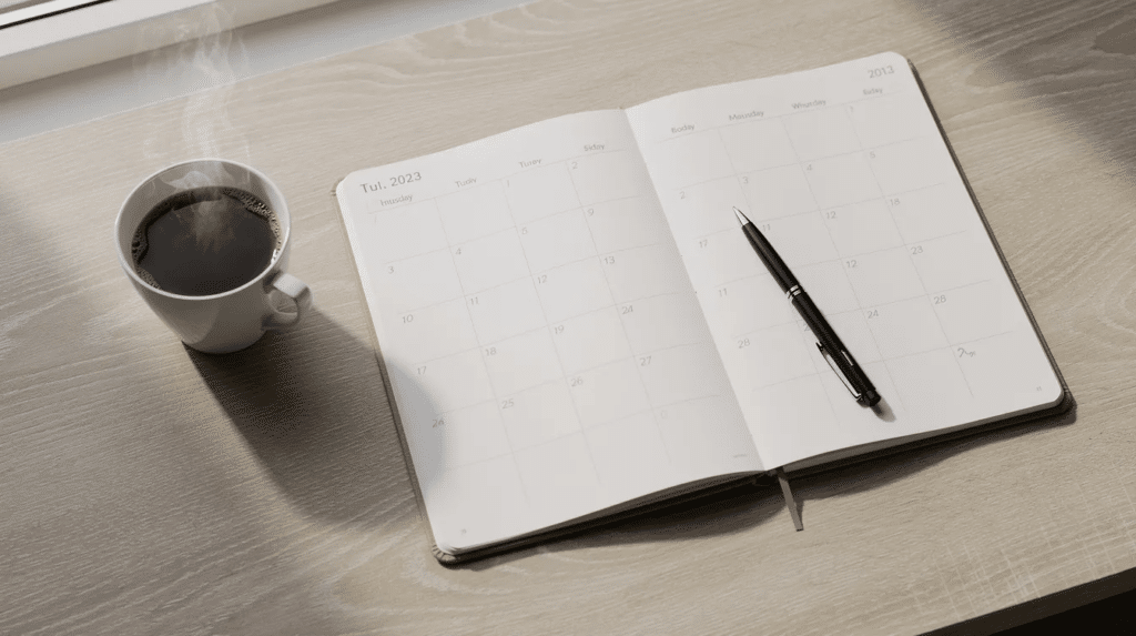 A calendar planner sits on a wooden desk beside a steaming cup of coffee and a pen, creating a cozy workspace scene that encourages productivity and planning. This image reflects the importance of organization in achieving conversion rate optimization goals for website visitors.